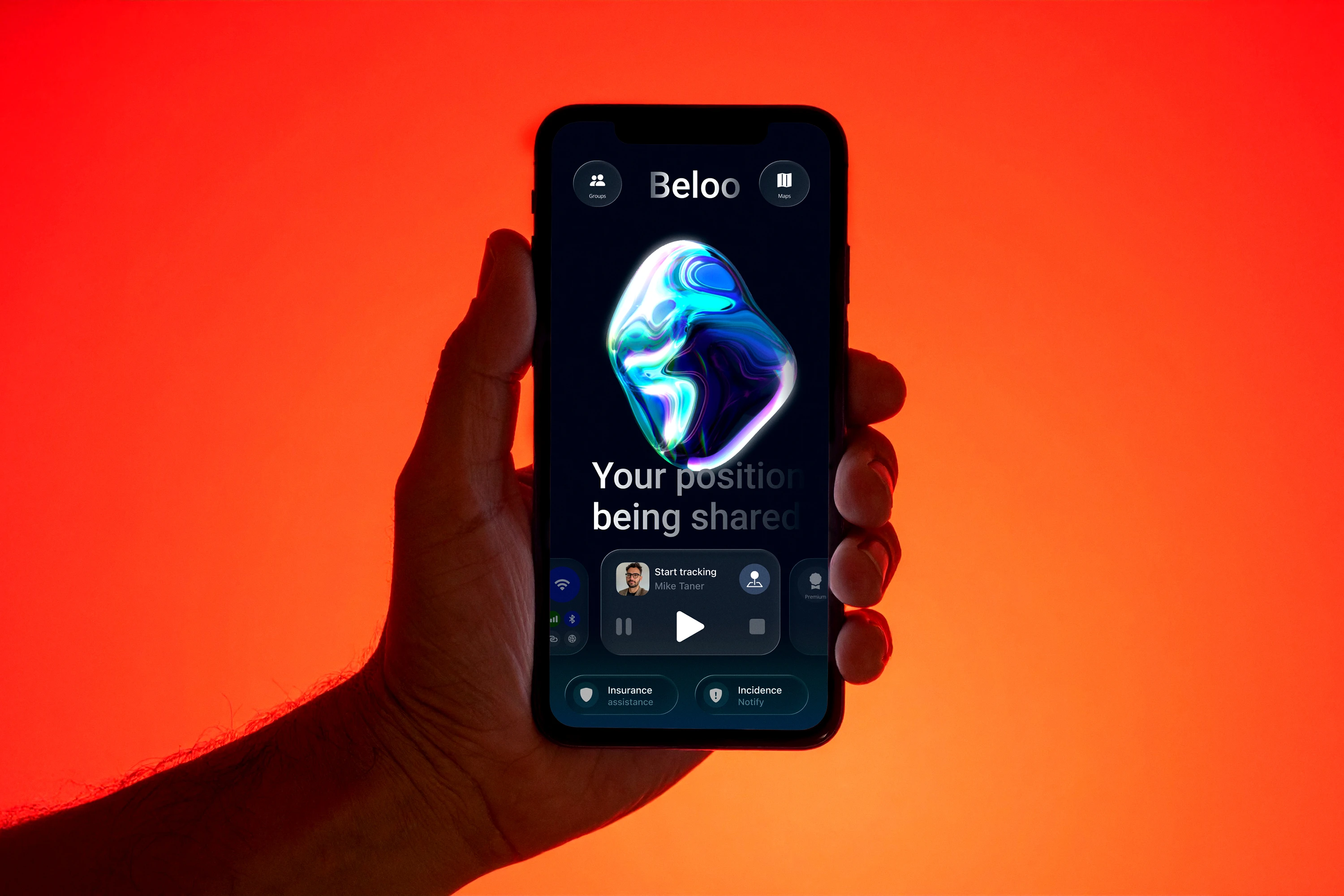 A hand holds a phone showing the Beloo cycling safety app against an orange sunset sky